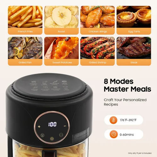 Miniatura 5 de Freidora de aire de 4.44 cuartos de galón, cesta de vidrio de borosilicato, antiadherente y apta para lavavajillas, vista de 360°, temperatura Negro