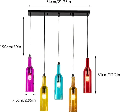 Miniatura 2 de Lámpara de techo industrial retro creativa con 5 luces para botella de vidrio, iluminación colgante de botella de vino de colores para cafetería