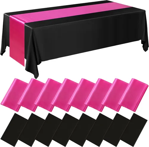 Tudomro 16 piezas de manteles de plástico desechables negros y rosa fuerte y juego de camino de mesa de satén 54 x 108 pulgadas Mantel 12 x 108