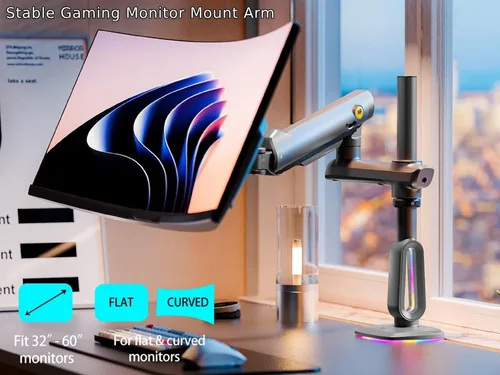 Miniatura 4 de NB Brazo de monitor de juego de altura extra para pantalla de 32 a 60 pulgadas, carga de hasta 20 kg, VESA 75/100, luz RGB, resistente, ajustable