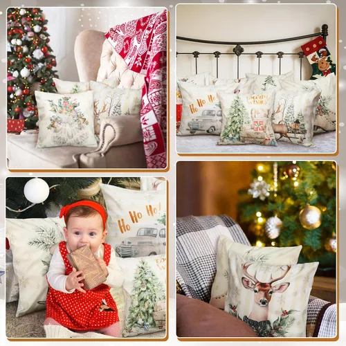 Miniatura 6 de Ganeen Juego de 12 fundas de almohada navideñas de 18 x 18 pulgadas, decoración de acuarela, muñeco de nieve, ciervo, guantes, patines, camiones