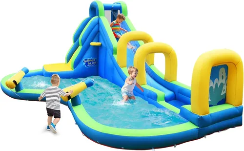 OLAKIDS Tobogán acuático inflable, parque acuático 5 en 1, casa de rebote con tobogán de pared de escalada, piscina, borde de baloncesto, 2 pistolas