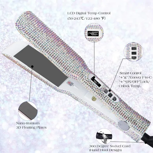 Miniatura 2 de Alisador de cabello con diamantes (480 ℉), plancha plana profesional de titanio, plancha plana de 1.75 pulgadas de ancho para cabello grueso, regalo