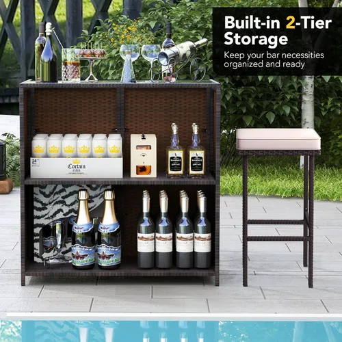 Miniatura 7 de Tangkula Juego de bar para patio, juego de 3 piezas de mimbre de ratán para exteriores con 2 cojines taburetes y mesa superior de cristal, juego