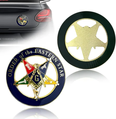 Miniatura 6 de ASmileIndeep Orden de la Estrella Oriental Emblema Masónico para Automóvil Redondo Azul y Dorado Decalcomanía de Francmasonería para Coche