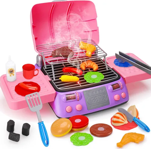 Juego de barbacoa para niños, juego de cocina con luz de sonido de humo de simulación, para niñas pequeñas, color rosa, para niños de 3 a 5 años, 4