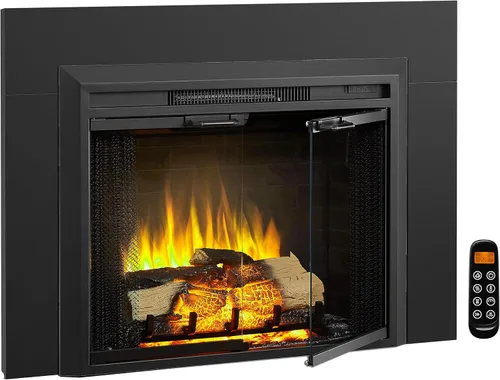 LegendFlame Damon - Inserto eléctrico para chimenea de 30 pulgadas con kit de embellecimiento, puerta de vidrio y pantalla de malla, calentador de