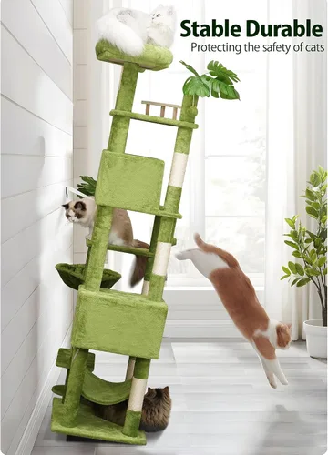 Miniatura 7 de Meecal Árbol para Gatos de 65 Pulgadas de Alto con Hojas para Gatos de Interior, Torre Verde para Gatos con Poste Rascador, Hamaca Colgante, Percha