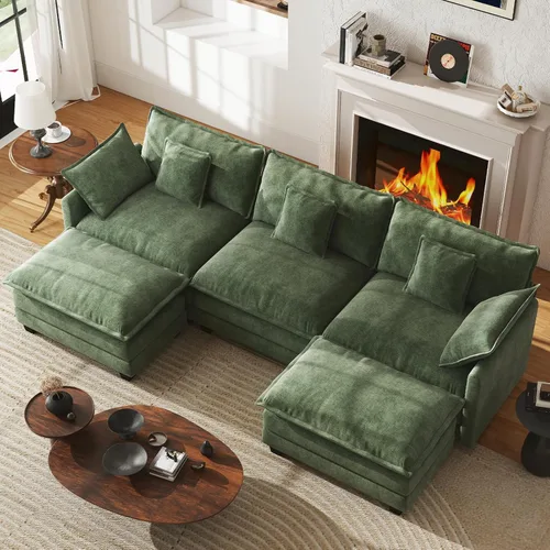 Miniatura 26 de WorthFurni Sofá Seccional Modular de 111.4", Sofá de Nube en Forma de U con 2 Otomanas Móviles, Cómodo Sofá de Chenille de Asiento Profundo