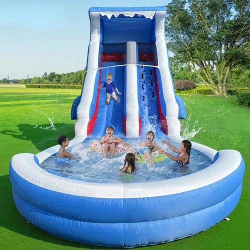 Tobogán acuático inflable de grado para niños de 22 pies con gran piscina de salpicaduras, parque acuático azul resistente para niños con soplador