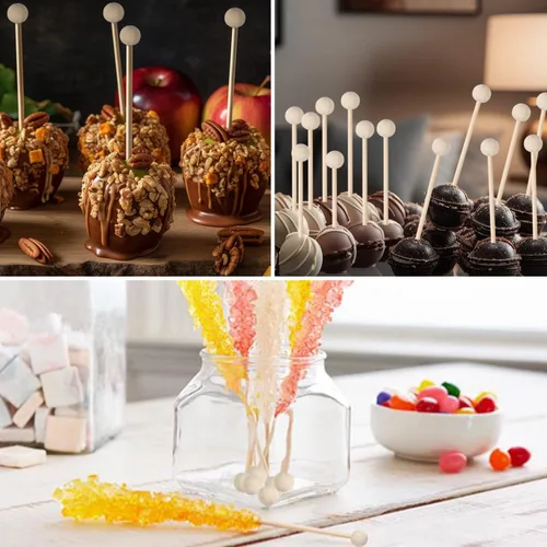 Miniatura 4 de BENBO 100 palitos de madera con bola, palitos de madera Swizzle Sticks Cake Candy Lollipop Coffee Aperitivo, brochetas agitadoras de bebidas