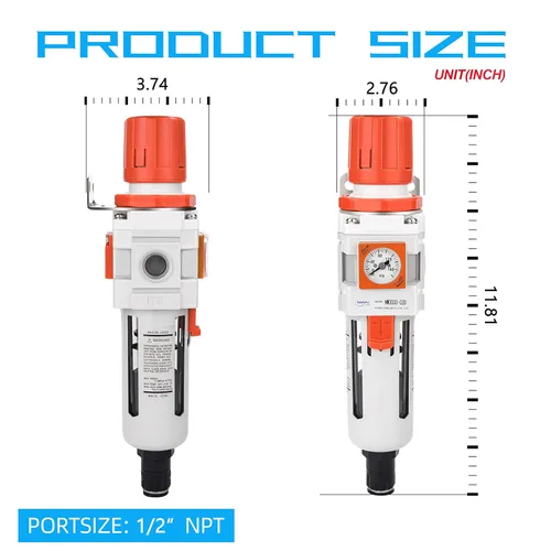 Miniatura 3 de NANPU 1/2 "NPT Embedded Gauge Compressed Air Filter/Regulador Piggyback Combo, Drenaje Automático, Elemento de Latón de 5 Micrones, Cuenco