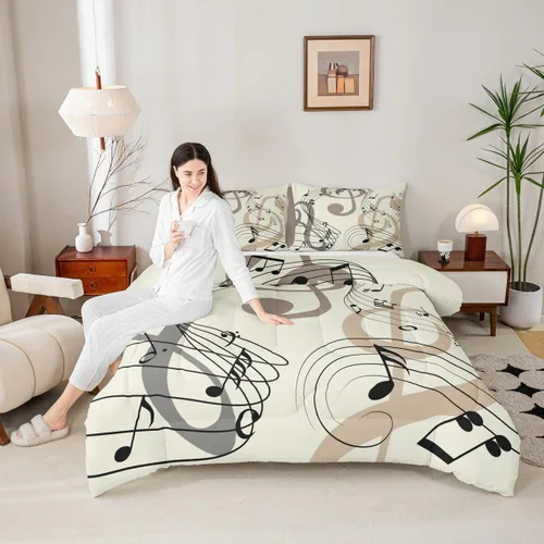 Miniatura 11 de Juego de ropa de cama con música de piano, tamaño matrimonial, juego de edredón de notas musicales en blanco y negro, 3 piezas, silueta de Multi 10
