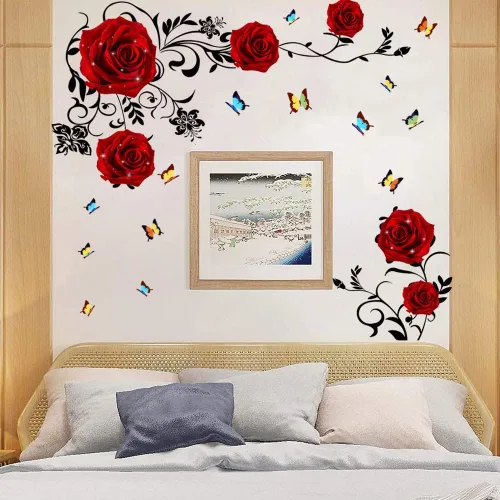 Miniatura 2 de Supzone Calcomanías de pared de rosas rojas, arte mural de vinilo para dormitorio, sala de estar, telón de fondo de sofá y decoración de pared de TV