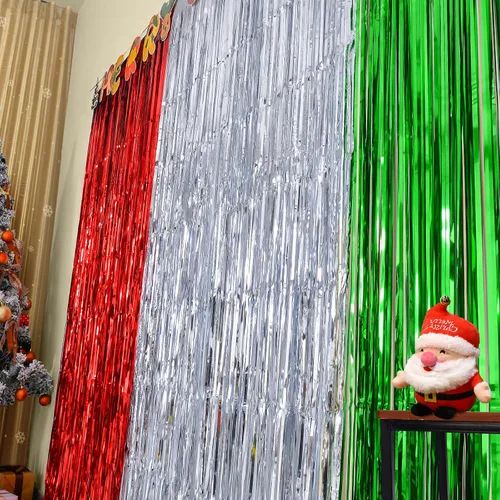 Miniatura 3 de LOLStar Paquete de 3 cortinas de oropel con flecos para fiesta de Navidad de 3.3X6.6 pies cada una, cortinas de fiesta rojas, plateadas y verdes