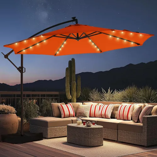 Miniatura 15 de HOMSHADE - Sombrilla de patio de 10 pies con luces solares, voladiza, con luz y base, sombrilla colgante para exteriores con protección UV UPF50+