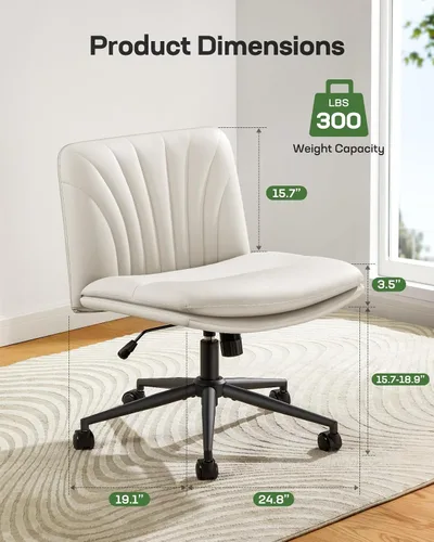 Miniatura 2 de Marsail Silla de escritorio sin brazos con ruedas: Silla amplia de cuero PU con piernas cruzadas, sillas de tarea giratorias ajustables y cómodas