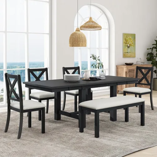 RuiSiSi 6 Piece Solid Wood Dining Table Set, Farmhouse Extendable Kitchen Table with a Bench and 4 Padded Chairs, 4-6 Dining Table Set with Bench
