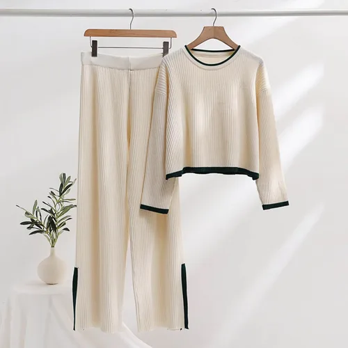 Miniatura 2 de Conjunto de dos piezas para mujer, para salir, cómodo, suéter de punto, pierna ancha, pantalones de cintura elástica, conjuntos de ropa deportiva
