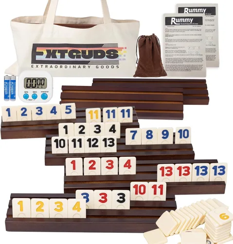 Extguds Juego de cubo Rummy para 6 jugadores, juego clásico de cubos grandes de azulejos, con 6 estantes/bandejas de madera, 160 fichas, bolsa de