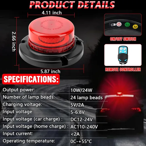 Miniatura 7 de Luz de baliza roja con control remoto, recargable, inalámbrica, luces intermitentes rojas con imán, brillo alto y bajo, 15 modos, mini luz de Rojo