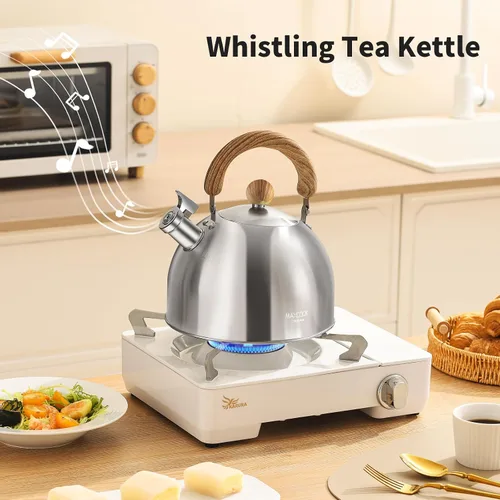 Miniatura 3 de Hervidor de té de acero inoxidable 18/8 para estufa (2L / 2.1 cuartos, tetera silbante, mango de madera) - Plateado