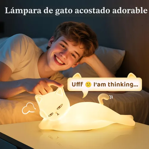 Miniatura 8 de Lámpara plana de gato Mubarek, regalos de gato, lámpara de silicona linda de 16 colores+5 atenuación, lámpara de noche recargable con control