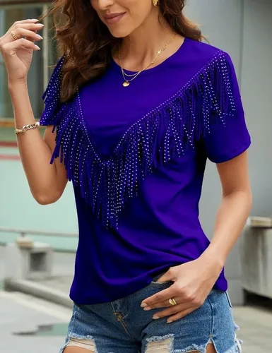 Miniatura 2 de PESION Camisas de manga corta con flecos para mujer, blusa con ribete de borlas