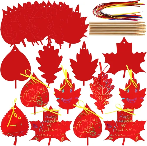 BBTO 50 hojas de otoño coloridas hojas de rascar con cintas y lápiz capacitivo de madera para fiesta de cosecha de Acción de Gracias (rojo)