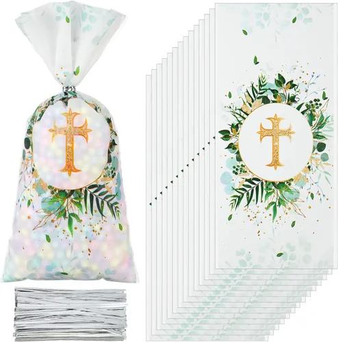 Hotop 100 bolsas de celofán de bautismo, bolsa de regalo, dulces con 150 lazos, suministros de decoración de fiesta de primera comunión,