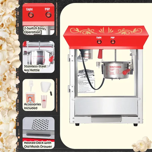Miniatura 3 de Great Northern Popcorn - Máquina de palomitas de maíz de 4 onzas con hervidor de acero inoxidable, luz de calentamiento calentada y cajón de viejas
