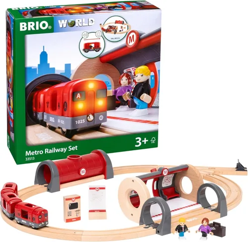 Set de ferrocarril urbano BRIO - Set de 20 piezas con certificación FSC de madera y accesorios - Locomotora con luz y sonido, quiosco, pistas de
