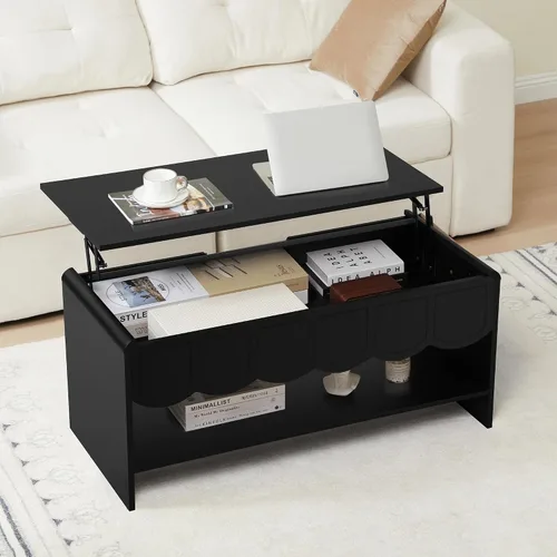Miniatura 8 de Mesa de centro elevable con compartimento oculto, mesa central de madera de 2 niveles con panel ondulado, moderna mesa elevadora para el hogar, sala