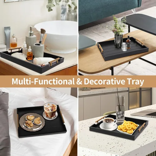 Miniatura 9 de SXNOWS Bandejas de mesa auxiliar, bandeja otomana grande para sala de estar, bandeja de madera para servir con 2 juegos de asas, bandeja de madera