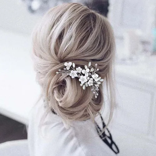 Miniatura 6 de Unicra Peine de pelo de novia plateada con flores para novia, accesorios para el cabello con diamantes de imitación brillantes, joyería para mujeres