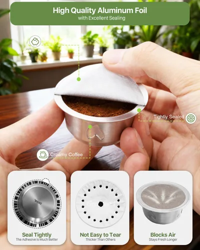 Miniatura 7 de Grasseed Cápsula Vertuo recargable, kit de cápsulas Vertuo de acero inoxidable reutilizable con 40 tapas de aluminio, cuchara, cepillo, preparación