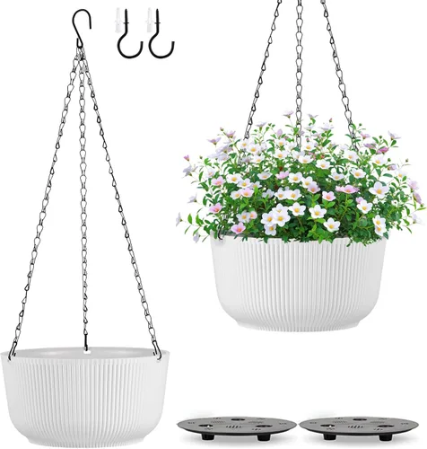 Miniatura 10 de Juego de 2 macetas colgantes para plantas de interior y exterior, macetas colgantes de riego automático de 8 pulgadas con platillo interno, orificio
