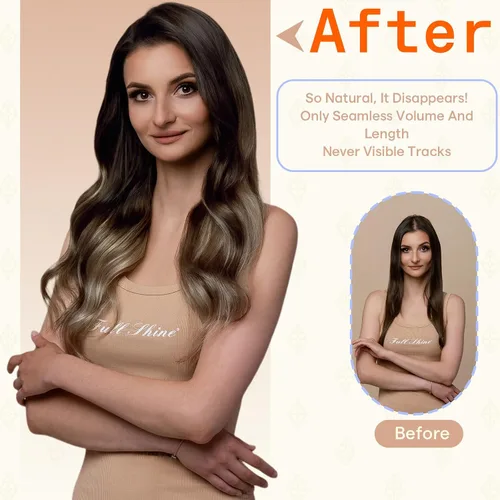 Miniatura 7 de Fshine Extensiones de cabello con cinta adhesiva de 22 pulgadas, extensiones de cabello real con raíces oscuras de degradado a marrón con reflejos #
