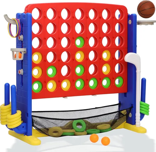 Miniatura 7 de Juego gigante 4 en una fila, juego de patio jumbo de ajuste de altura para niños y adultos con bolsa de captura de malla, golf, aro de baloncesto