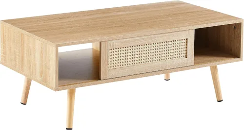 Miniatura 3 de Mesa de centro de ratán con armario de almacenamiento y estante abierto, mesa central de madera con puerta corredera de ratán, muebles modernos