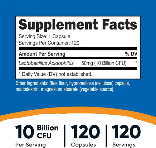 Miniatura 2 de Nutricost Lactobacillus Acidophilus 10 mil millones de UFC, 120 cápsulas vegetarianas