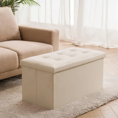 Miniatura 4 de YOUDENOVA Otomana plegable de almacenamiento, otomana de piel sintética, reposapiés otomano, asiento acolchado para dormitorio y sala de estar, Beige