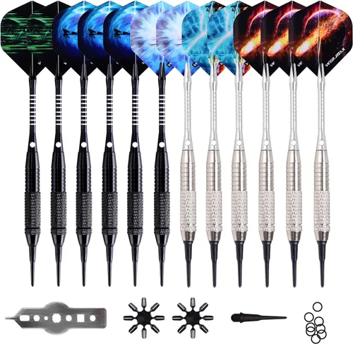 WIN.MAX Darts Plastic Tip - Soft Tip Darts Set - 12 Pcs 18 Gram with 100 Extra Dart Tips 12 Flights Flight Protectors and Wrench for Electronic Dart