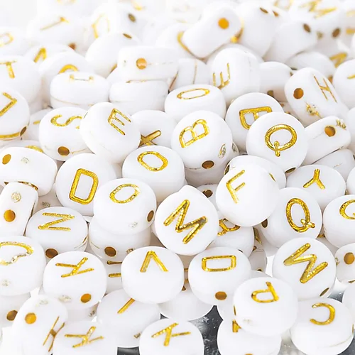Miniatura 5 de 500 pulseras acrílicas de letras del alfabeto, oro sobre blanco, para hacer joyas (dorado y blanco) (dorado)