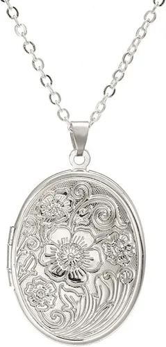 Fuqimanman2020 Collar con dije de medallón de flores grabadas vintage, collar ovalado con medallón de corazón con foto, colgante de recuerdo