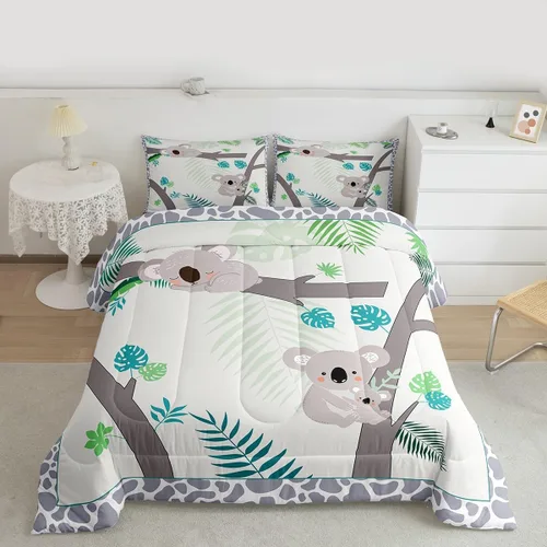 Miniatura 4 de Homewish Juego de edredón Kawaii Koala, juego de ropa de cama con hojas tropicales para niños, niñas y mujeres, edredón acolchado con hojas de palma