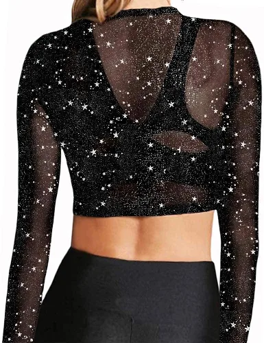 Miniatura 2 de MANGOPOP Blusa corta de manga corta de malla transparente para mujer