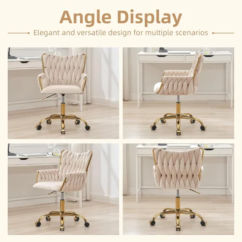 Miniatura 8 de ABET Silla de Escritorio de Terciopelo con Ruedas, Bonita Silla de Oficina Giratoria Tapizada, Moderno Sillón Rodante Dorado Tejido a Mano con Beige