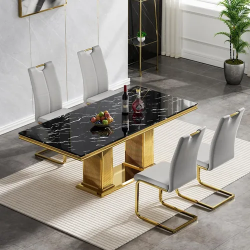 Miniatura 64 de Juego de mesa de comedor de 5 piezas, moderno juego de mesa de comedor para 4, 70 pulgadas, juego de mesa de comedor de mármol sintético blanco