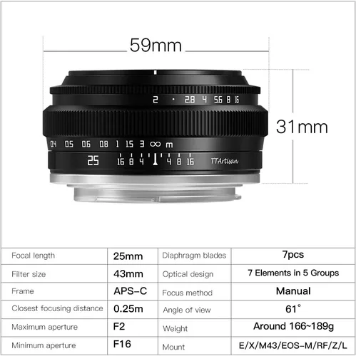 Miniatura 7 de TTArtisan - Lente de cámara APS-C gran angular de 0.98 pulgadas F2, lente de cámara fija manual de gran apertura, compatible con cámaras Fuji